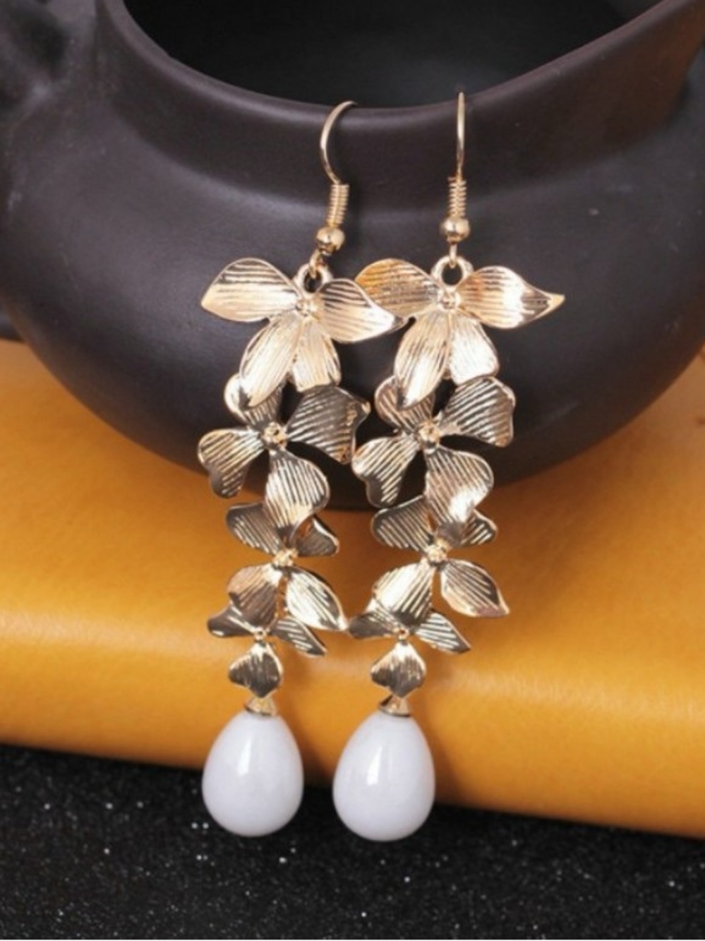 9K Gold Plated Flower Faux Pearl Drop Earrings Long Floral Dangle Bridal Luxury